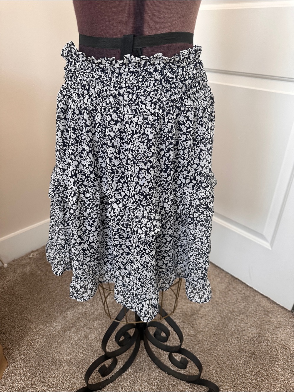 Sienna Sky Black & White Floral Smocked Midi Skirt